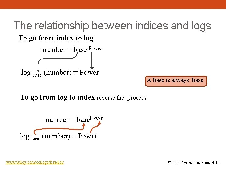 The relationship between indices and logs To go from index to log number =