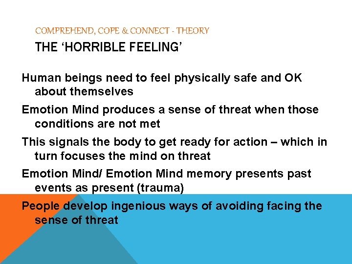 COMPREHEND, COPE & CONNECT - THEORY THE ‘HORRIBLE FEELING’ Human beings need to feel
