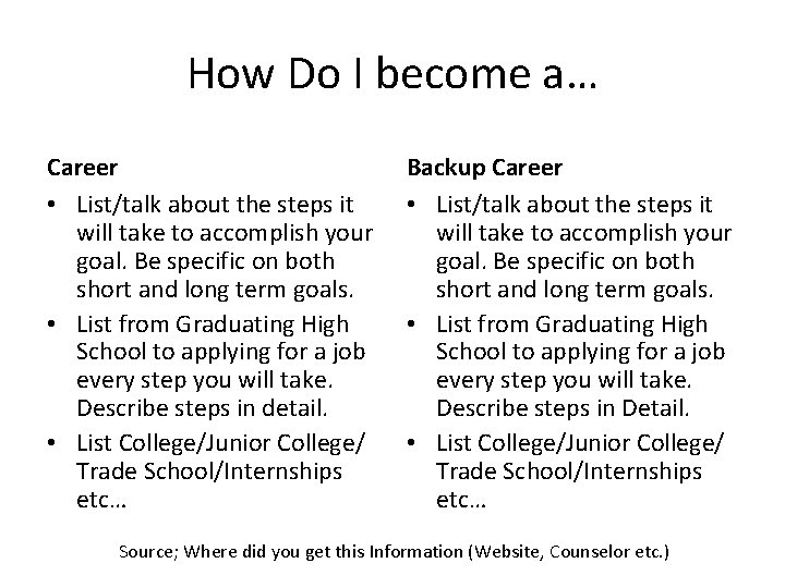 How Do I become a… Career • List/talk about the steps it will take