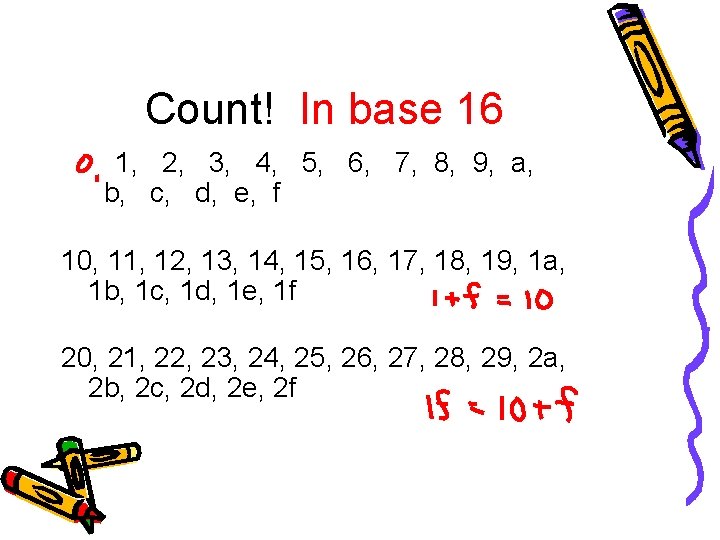 Count! In base 16 1, 2, 3, 4, 5, 6, 7, 8, 9, a,