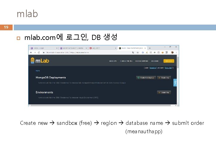 mlab 19 mlab. com에 로그인, DB 생성 Create new sandbox (free) region database name