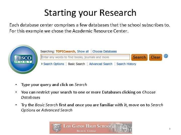 Starting your Research Each database center comprises a few databases that the school subscribes