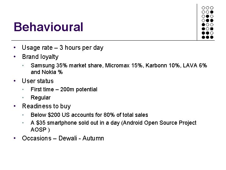 Behavioural • Usage rate – 3 hours per day • Brand loyalty • Samsung