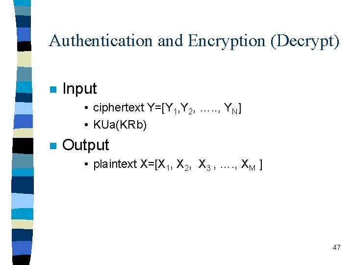 Authentication and Encryption (Decrypt) n Input • ciphertext Y=[Y 1, Y 2, …. .