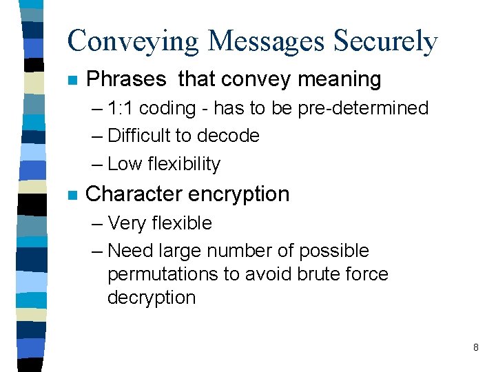 Conveying Messages Securely n Phrases that convey meaning – 1: 1 coding - has