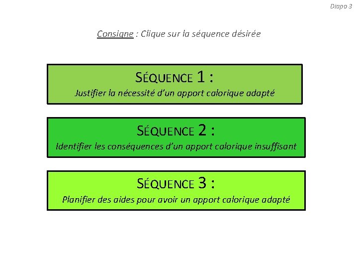 Diapo 3 Consigne : Clique sur la séquence désirée SÉQUENCE 1 : Justifier la