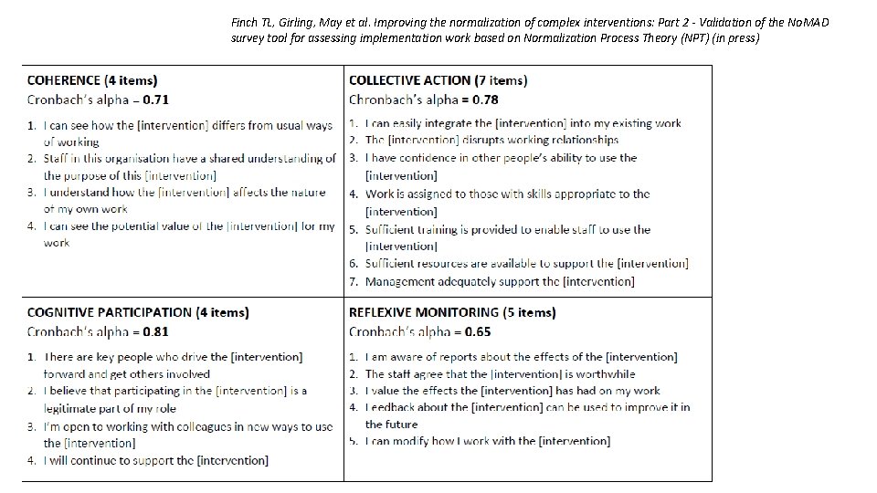 Finch TL, Girling, May et al. Improving the normalization of complex interventions: Part 2