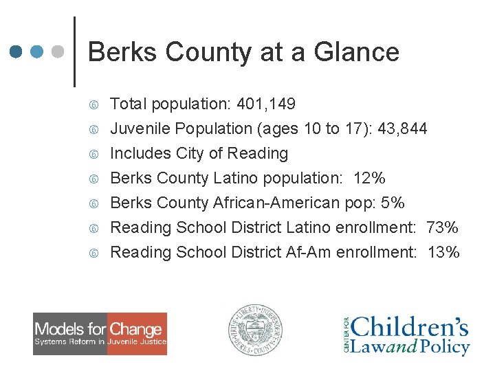 Berks County at a Glance Total population: 401, 149 Juvenile Population (ages 10 to