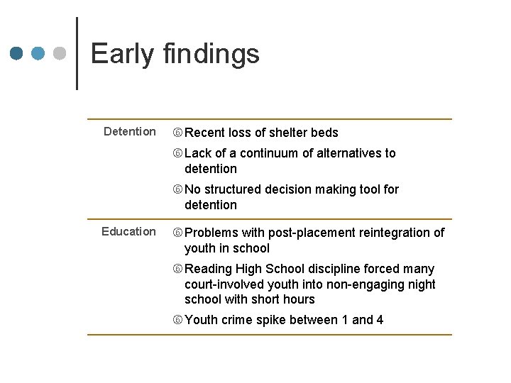 Early findings Detention Recent loss of shelter beds Lack of a continuum of alternatives