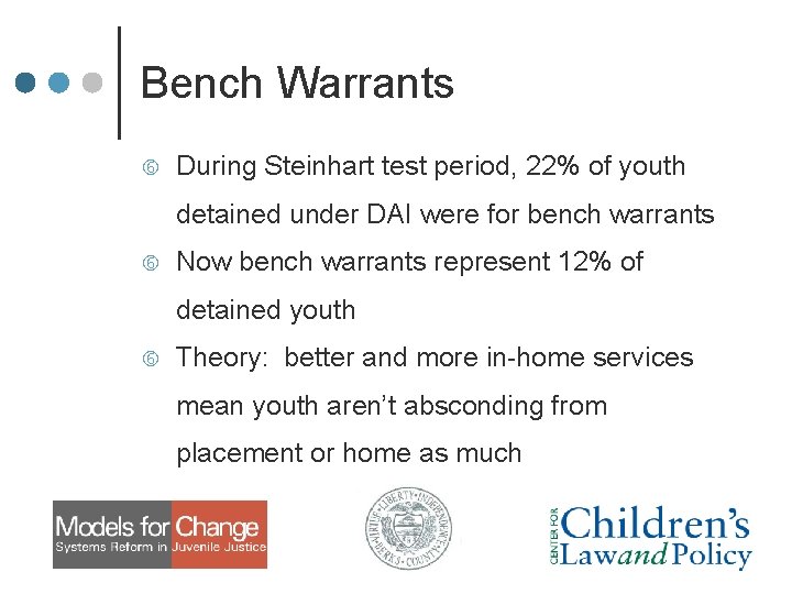 Bench Warrants During Steinhart test period, 22% of youth detained under DAI were for