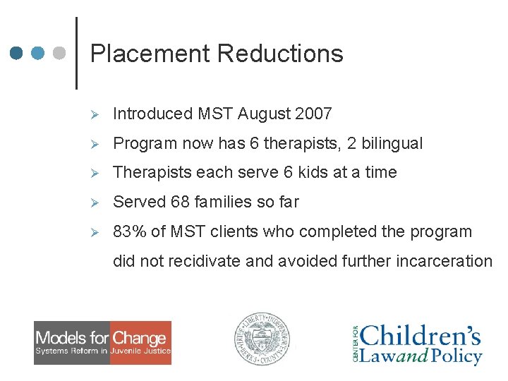 Placement Reductions Ø Introduced MST August 2007 Ø Program now has 6 therapists, 2