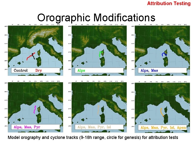 Attribution Testing Orographic Modifications Model orography and cyclone tracks (9 -18 h range, circle
