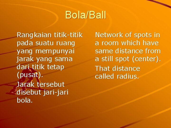 Bola/Ball Rangkaian titik-titik pada suatu ruang yang mempunyai jarak yang sama dari titik tetap