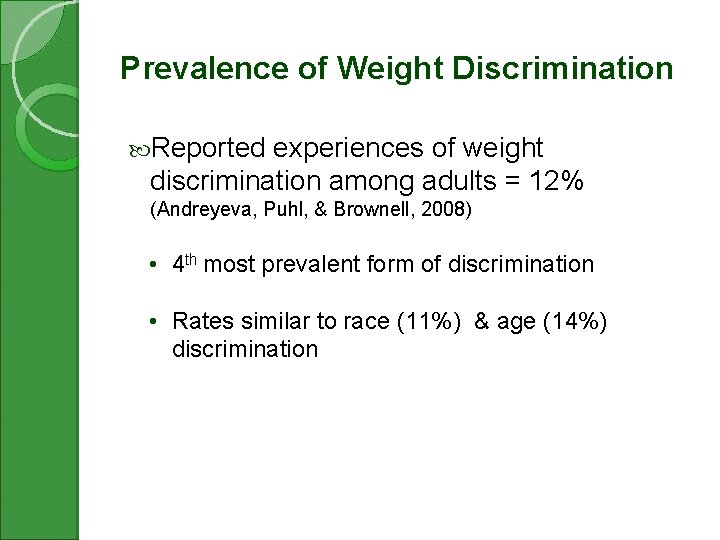 Prevalence of Weight Discrimination Reported experiences of weight discrimination among adults = 12% (Andreyeva,