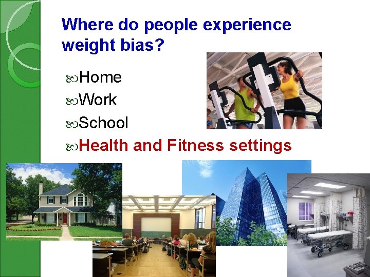 Where do people experience weight bias? Home Work School Health and Fitness settings 