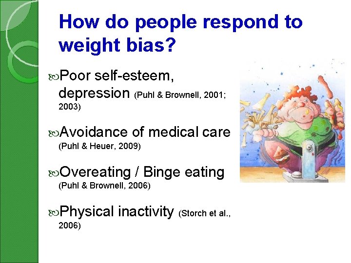 How do people respond to weight bias? Poor self-esteem, depression (Puhl & Brownell, 2001;