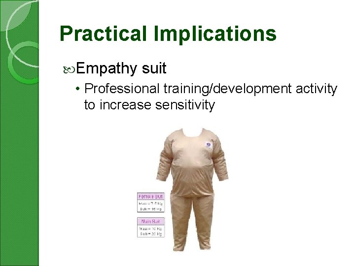 Practical Implications Empathy suit • Professional training/development activity to increase sensitivity 