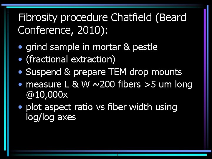 Fibrosity procedure Chatfield (Beard Conference, 2010): • • grind sample in mortar & pestle