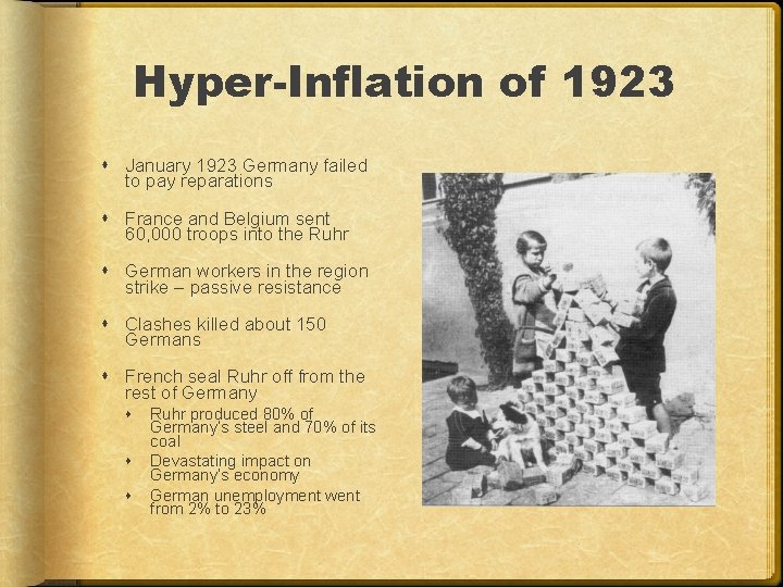 Hyper-Inflation of 1923 January 1923 Germany failed to pay reparations France and Belgium sent