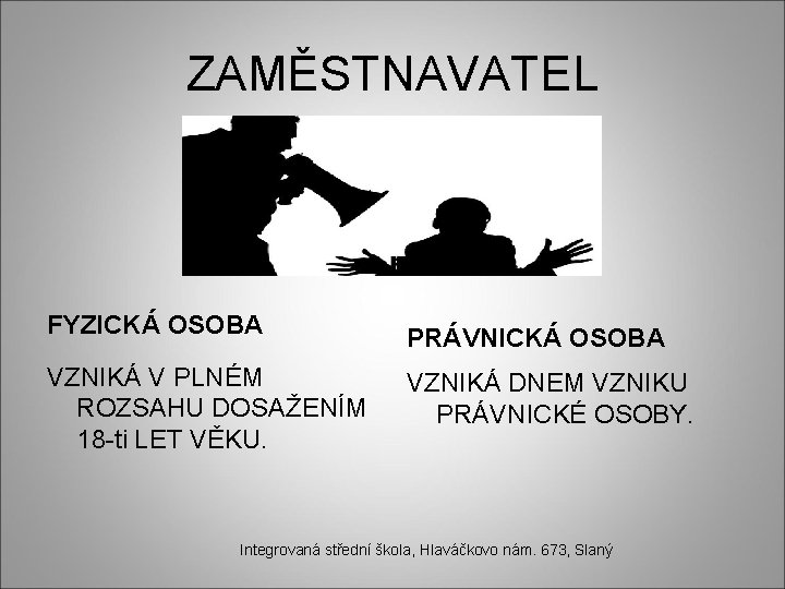 ZAMĚSTNAVATEL FYZICKÁ OSOBA PRÁVNICKÁ OSOBA VZNIKÁ V PLNÉM ROZSAHU DOSAŽENÍM 18 -ti LET VĚKU.