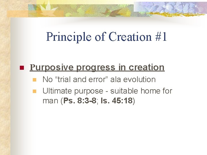 Principle of Creation #1 n Purposive progress in creation n n No “trial and