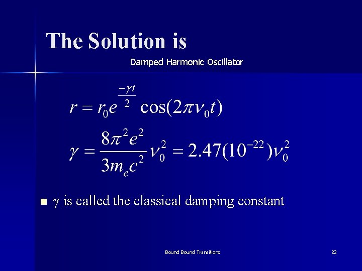 The Solution is Damped Harmonic Oscillator n γ is called the classical damping constant