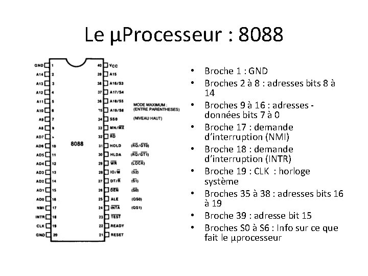 Le µProcesseur : 8088 • Broche 1 : GND • Broches 2 à 8