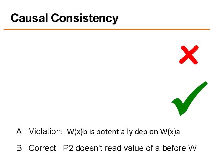 Causal Consistency x A: Violation: W(x)b is potentially dep on W(x)a B: Correct. P