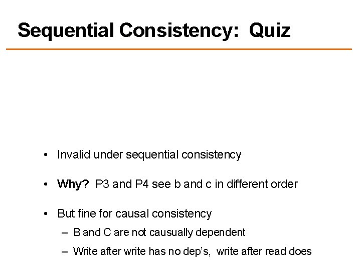 Sequential Consistency: Quiz • Invalid under sequential consistency • Why? P 3 and P