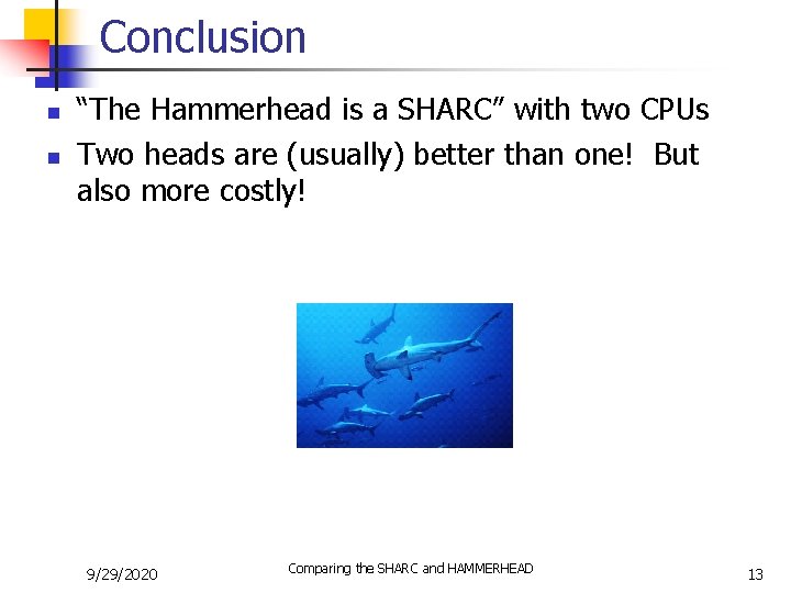 Conclusion n n “The Hammerhead is a SHARC” with two CPUs Two heads are