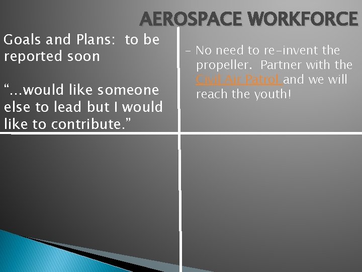 AEROSPACE WORKFORCE Goals and Plans: to be reported soon “…would like someone else to