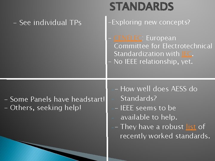 STANDARDS - See individual TPs -Exploring new concepts? - CENELEC: European Committee for Electrotechnical