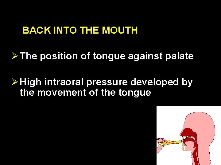 BACK INTO THE MOUTH Ø The position of tongue against palate Ø High intraoral