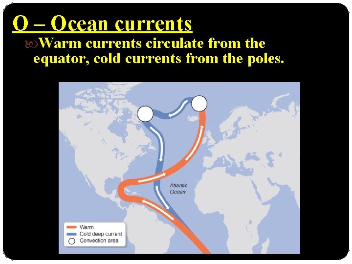 O – Ocean currents Warm currents circulate from the equator, cold currents from the