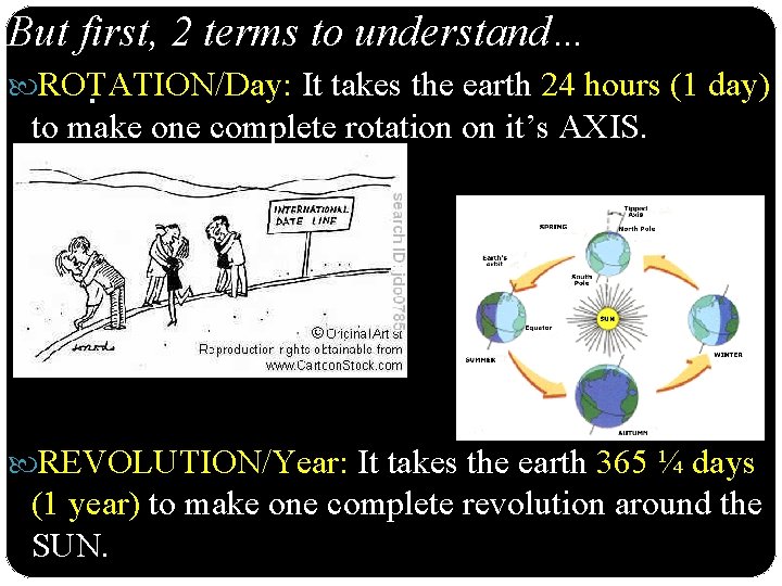 But first, 2 terms to understand… ROTATION/Day: It takes the earth 24 hours (1