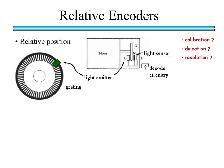Relative Encoders - calibration ? • Relative position light sensor light emitter grating decode Relative Encoders - calibration ? • Relative position light sensor light emitter grating decode