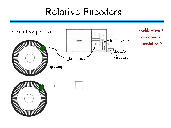 Relative Encoders - calibration ? • Relative position light sensor light emitter grating decode