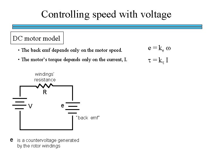 Controlling speed with voltage DC motor model • The back emf depends only on