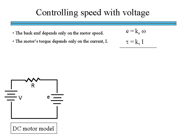 Controlling speed with voltage • The back emf depends only on the motor speed. Controlling speed with voltage • The back emf depends only on the motor speed.