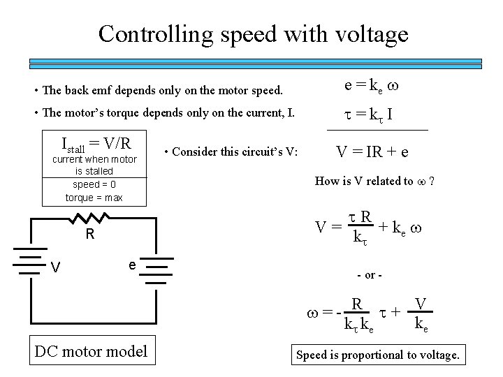 Controlling speed with voltage • The back emf depends only on the motor speed.