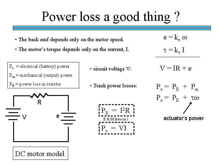 Power loss a good thing ? • The back emf depends only on the Power loss a good thing ? • The back emf depends only on the