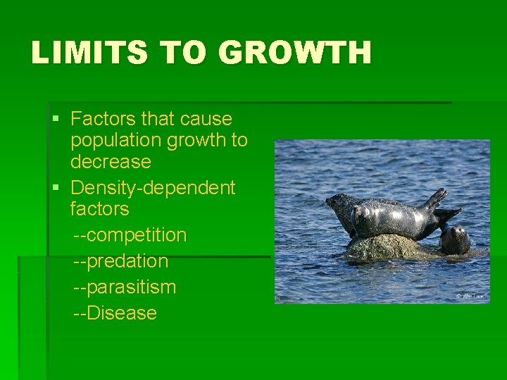 LIMITS TO GROWTH § Factors that cause population growth to decrease § Density-dependent factors