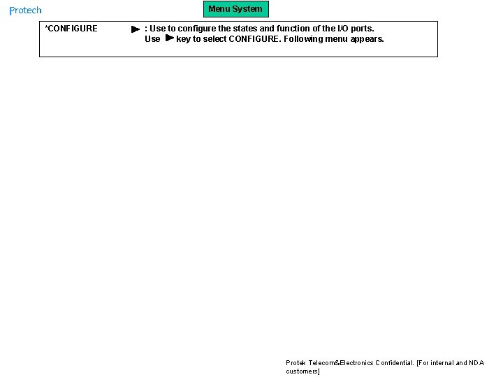 Menu System *CONFIGURE : Use to configure the states and function of the I/O