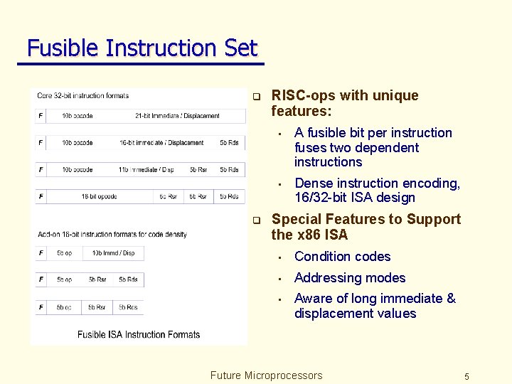 Fusible Instruction Set q q RISC-ops with unique features: • A fusible bit per