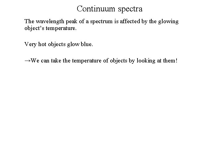 Continuum spectra The wavelength peak of a spectrum is affected by the glowing object’s