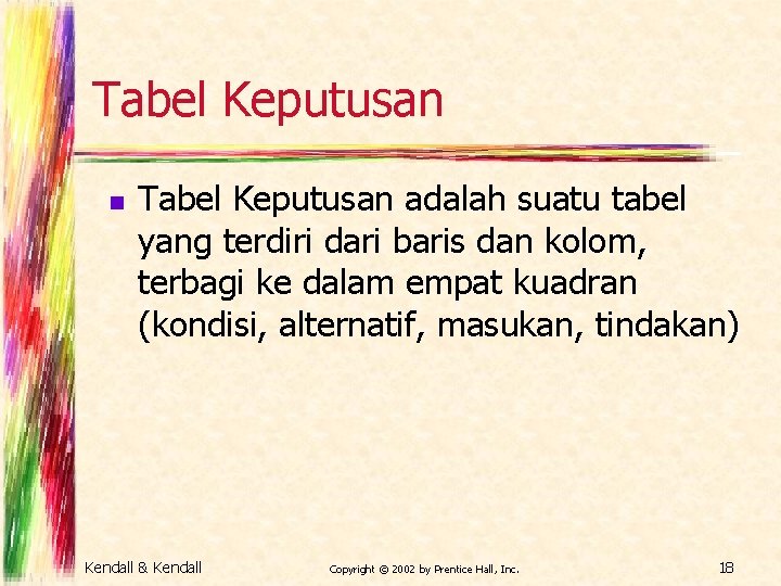 Tabel Keputusan n Tabel Keputusan adalah suatu tabel yang terdiri dari baris dan kolom,