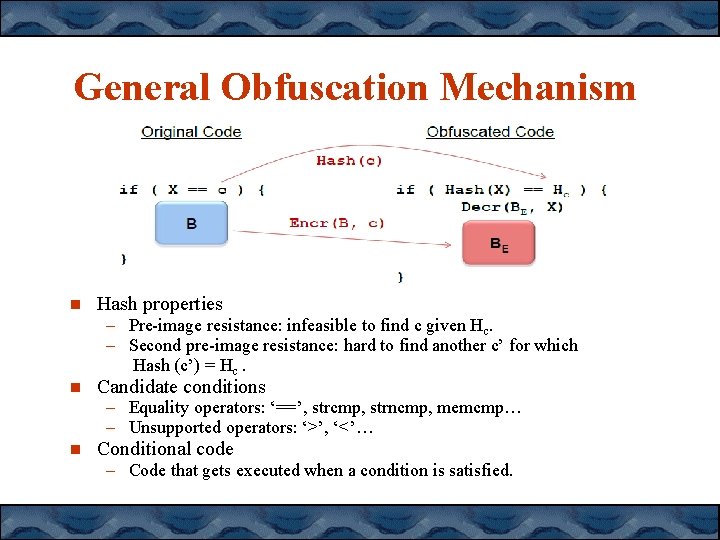 General Obfuscation Mechanism Hash properties – Pre-image resistance: infeasible to find c given Hc. General Obfuscation Mechanism Hash properties – Pre-image resistance: infeasible to find c given Hc.