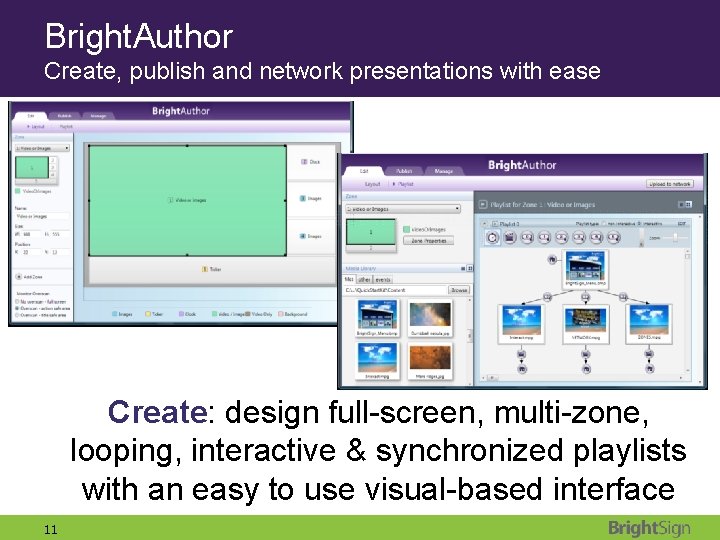Bright. Author Create, publish and network presentations with ease Create: design full-screen, multi-zone, looping,