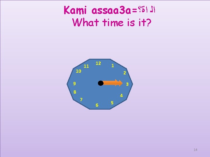 Kami assaa 3 a= ﺍﻟ ﺍﺓ؟ What time is it? 10 11 12 1