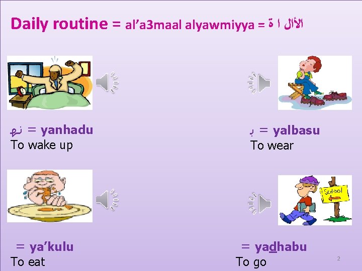 Daily routine = al’a 3 maal alyawmiyya = ﺍﻷﺍﻝ ﺍ ﺓ = ﻧﻬ yanhadu